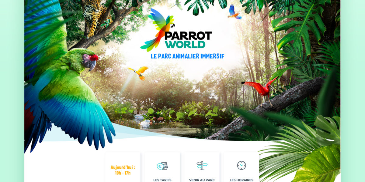 Direction Artistique et webdesign du site web Parrot World, parc animalier immersif