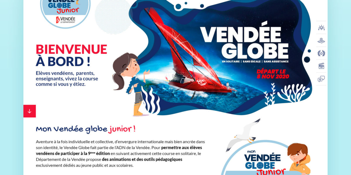 Direction Artistique et webdesign pour le site Vendée Globe Junior, un site à destination des enfants pour suivre la course du Vendée Globe